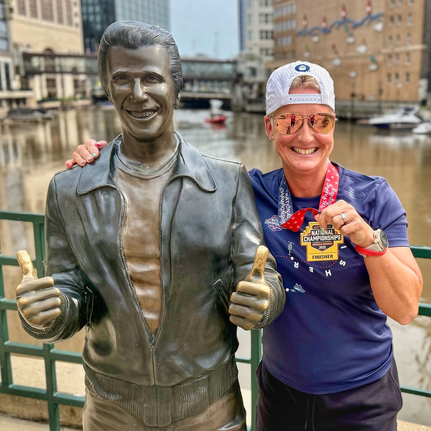 Because #medalmonday in Milwaukee wouldn’t be complete without The Fonz! 😎

Bummed I’m not coming back to Denver with 2 of these beauties, but there’s no way in hell we could’ve raced yesterday. 

The left side of my body is really sore today. Guess I’m finally feeling the impact of the crash. 😢 

Time to get back to more strength work, find a new coach, and figure out my race schedule for the rest of this year and into next. ❤️

#fitover50 #fitover40 #triathlon #triathlon_in_the_world #triathlete #usatnationals #womeninspiringwomen #swimbikerun #fatlosscoach #fitnessjourney @the.cupcake.cartel #motivationmonday